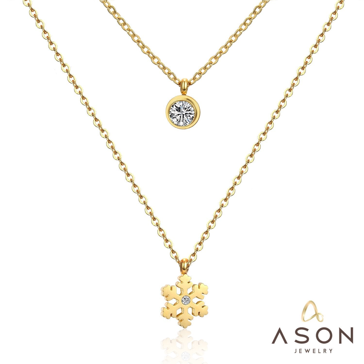 ASON Snowflake Round Cubic Zirconia Pandents Double Chains Necklaces Gold Color Stainless Steel For Women Chokers Christmas asonjewelry